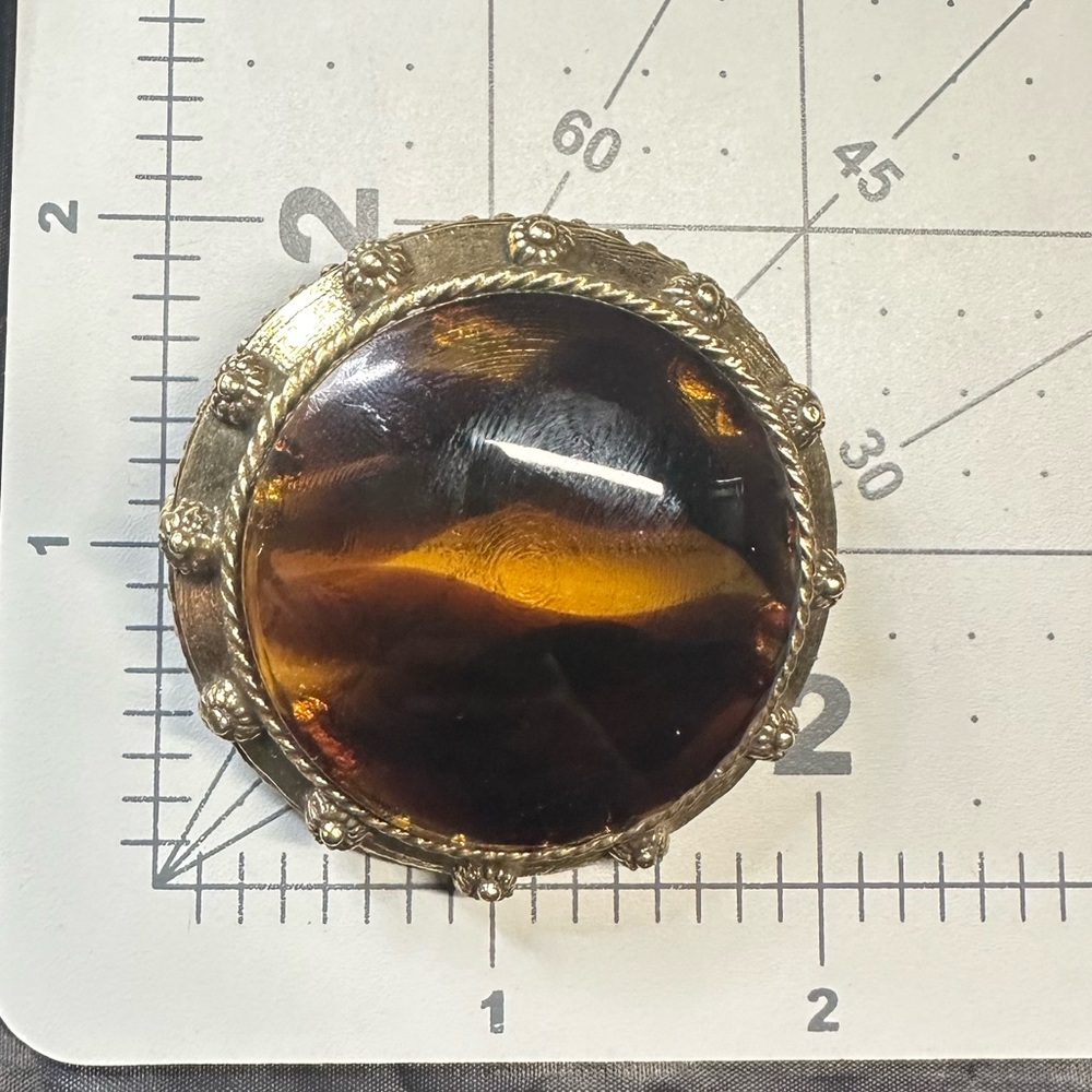 Original by Robert Gold tone massive Amber brown glass cabochon brooch pendant - Picture 9 of 9